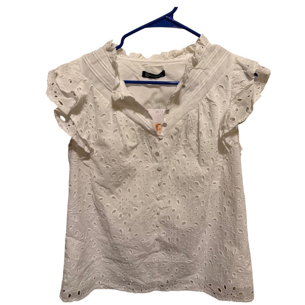 NWT Pretty Garden Women's Ruffle Cap Sleeve V-Neck Eyelet Top Blouse Size M - Picture 3 of 13